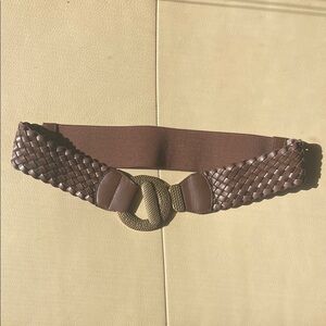 Elegant Brown Woven Belt with Gold Circle Buckle